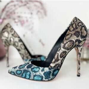 Jean Michel Cazabat Erika Leopard Lace Glitter Pumps Shoes Blue Gold Size 9 NWB